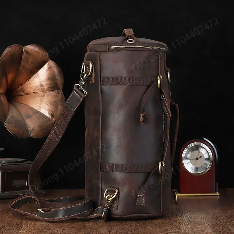 Yao Dong Unique Design Leather Backpack For Men Vintage Crazy Horse Leather Bucket Daypack Large Male Travel Bag Male Backpacks