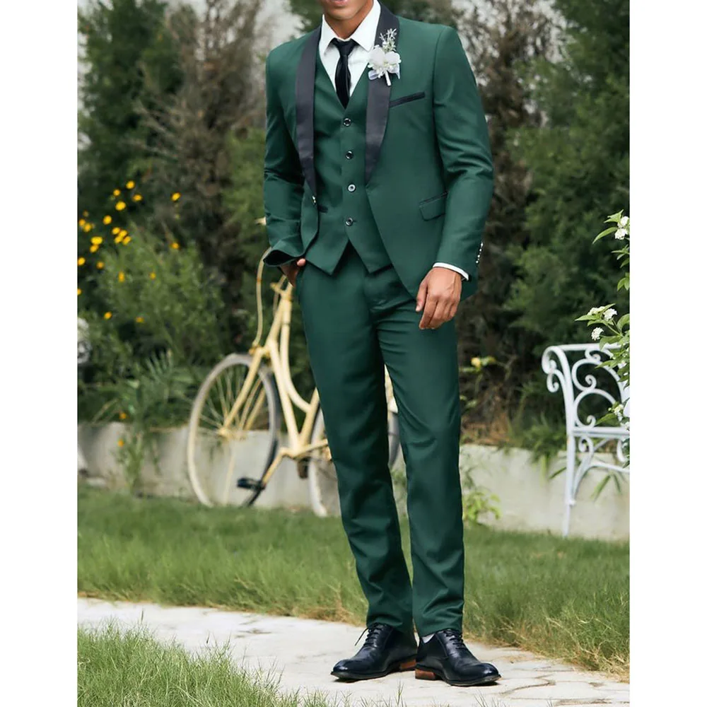 Elegant Wedding Green Men Suits Formal Slim Fit 3 Piece Jacket Pants Vest Full Sets Single Breasted Shawl Lapel Male Clothing