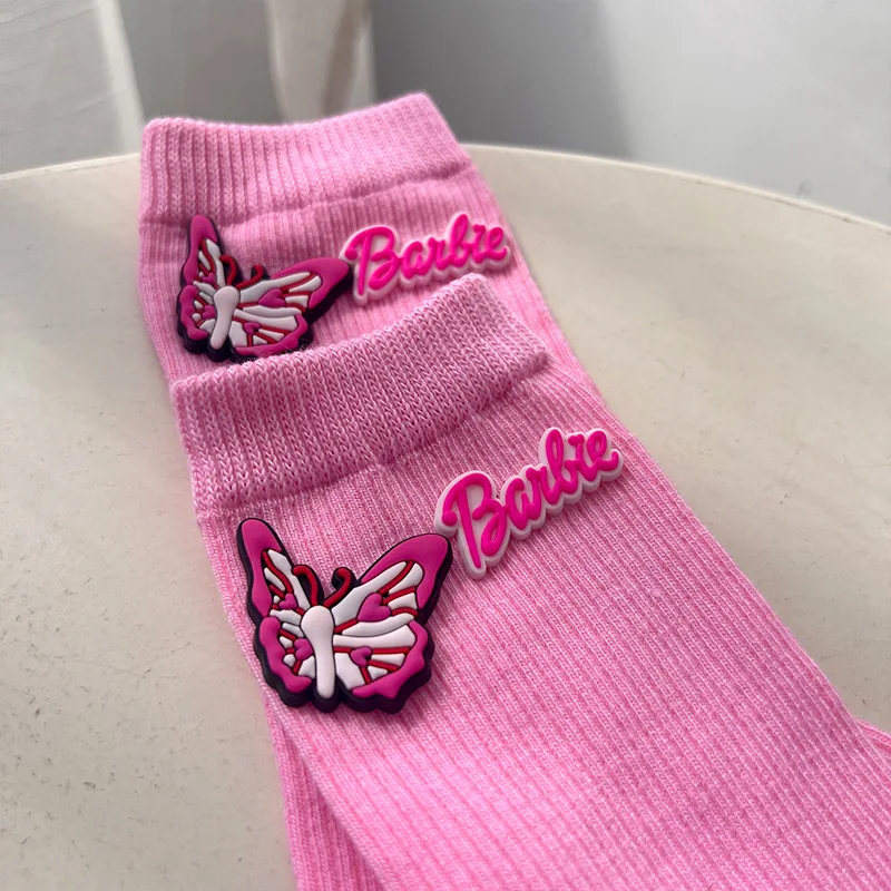 Miniso Barbie Socks Pink Girls Embroidery Cotton Soft Medium Length Hosiery Trendy Decoration Lovely Stylish Fashion Comfortable