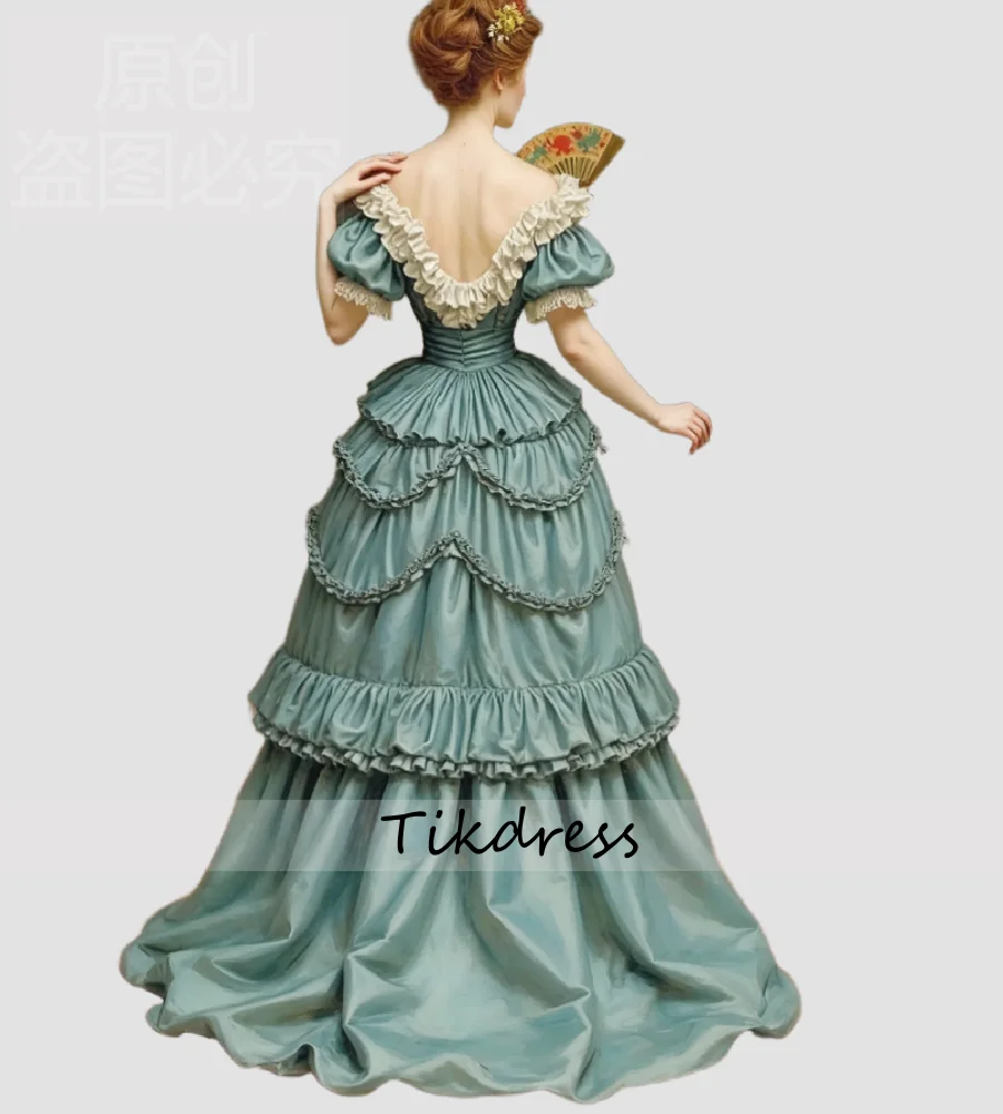 Luxuriöses aristokratisches viktorianisches Abendkleid mit kurzen Ärmeln, gestuftes mittelalterliches 1860-Abschlussballkleid, rückenfrei, formelle Zeremonienparty