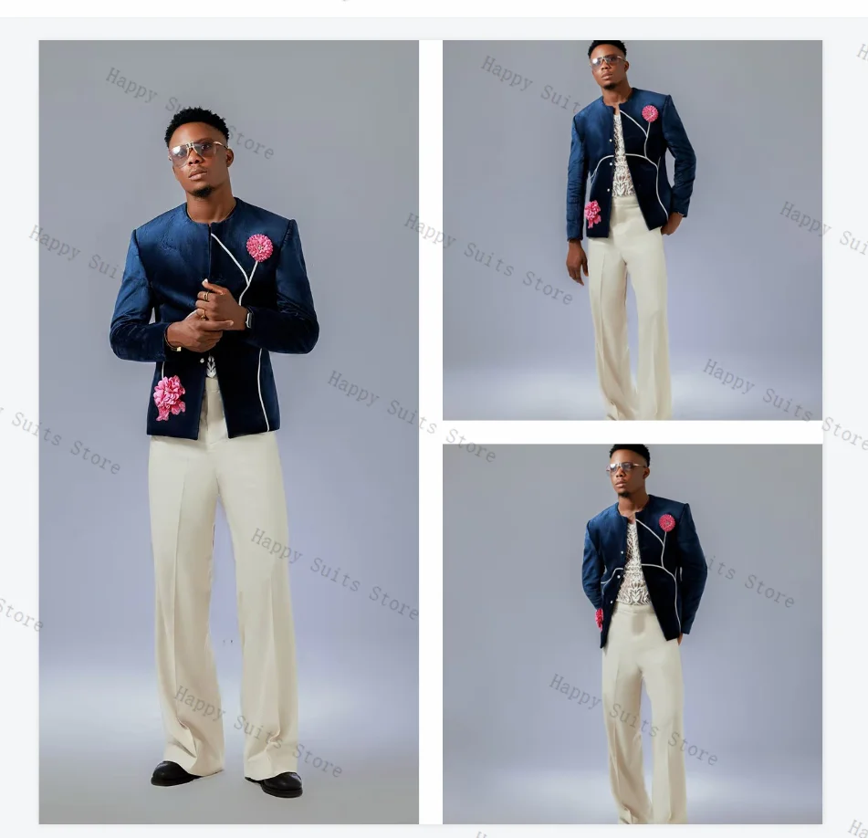 

Blue Velvet Men Suit Set 2 Pcs Blazer+Cotton Pants Trousers Formal Office Coat 3D Flower Groom Wedding Tuxedo Customized Jacket