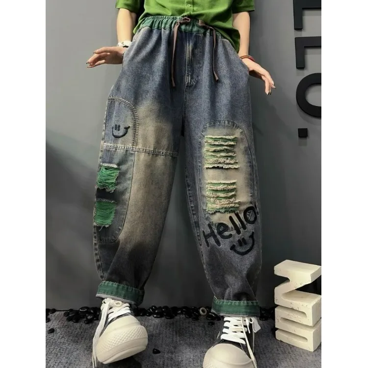 

Повседневные джинсы-брюки в стиле Харадзюку с вышивкой, прямые, для города, весна 2026, женские, премиум-класса, модные брюки