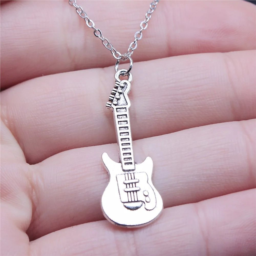 Simple Classic Fashion 12x35mm Antique Silver Color Guitar Pendant Girl Women Short Chain Necklaces Choker Necklace