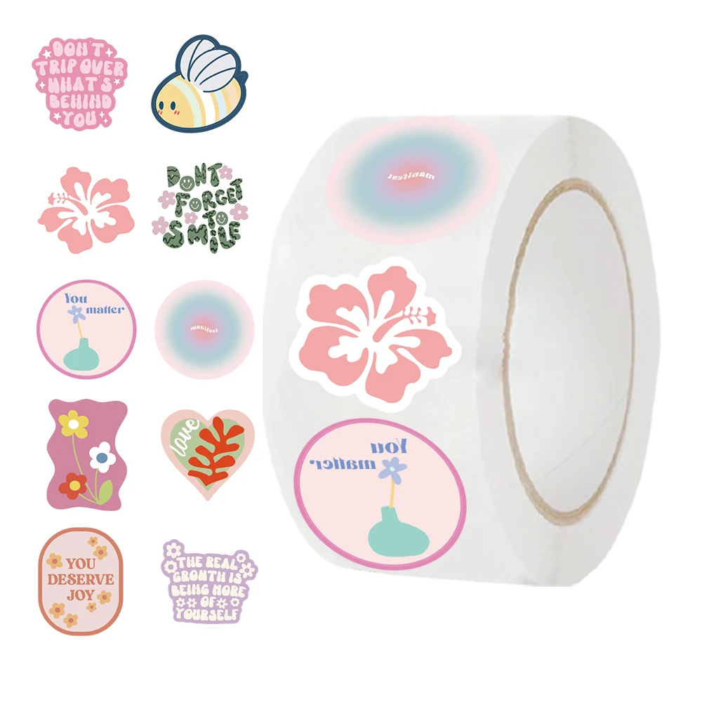 500PCS Cute Danish Pastel Stickers Roll Aesthetic Pink Waterproof Vinyl Scrapbook Laptop and Water Bottle Decoration Decals Toys