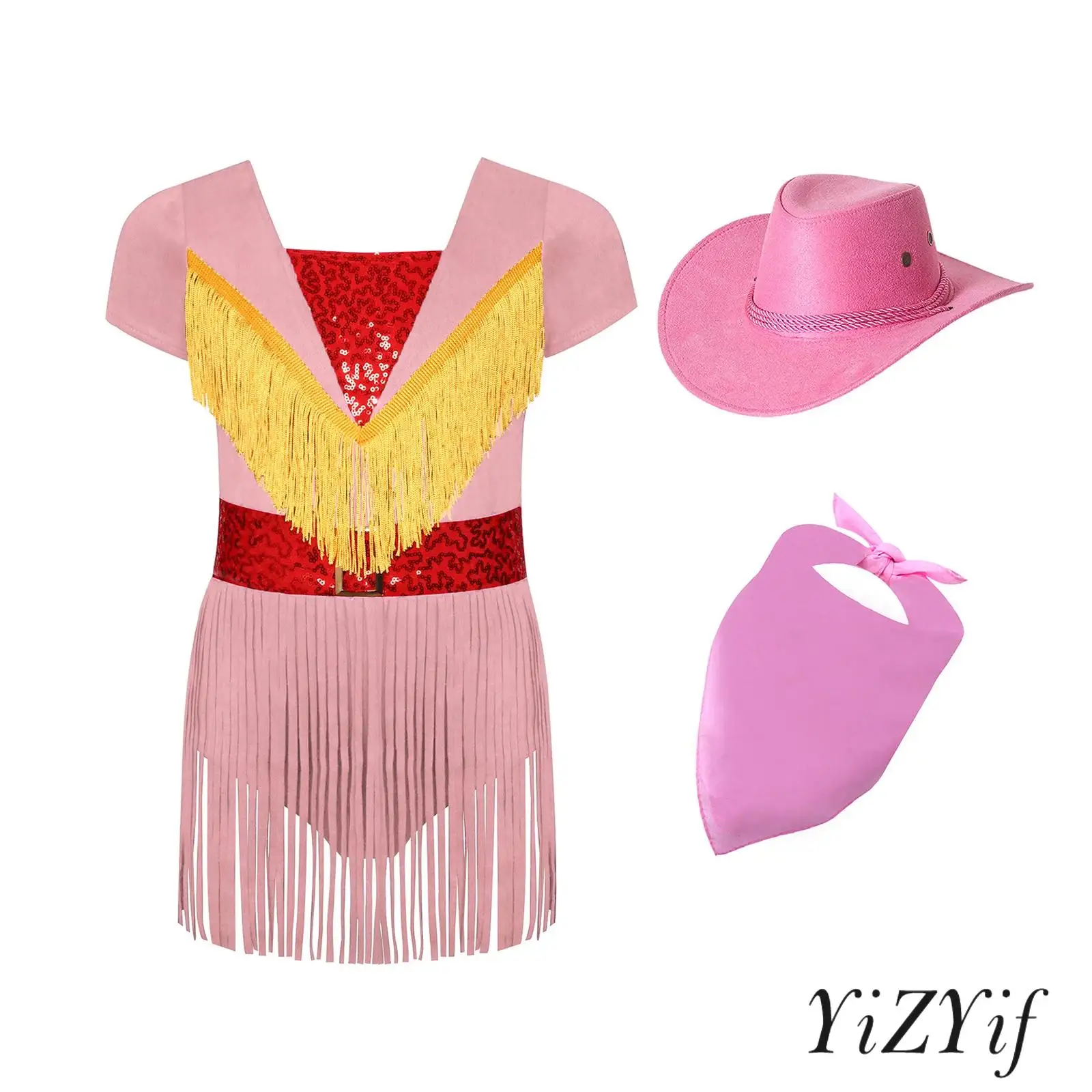 

Girls Magician Costume 3Pcs Sequined Western Cowgirl Dress with Hat Bandana Invisible Zipper Tassel Trim Party Dress Up Outfit