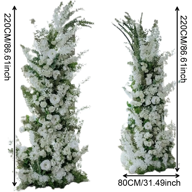 صف زهور مقوس على شكل قرن ، خلفية زفاف ، ترتيبات زهور ، أرضية طريق رصاص ، وردة بيضاء ، صفير ، ورقة خضراء ، ديكور حفلات #6