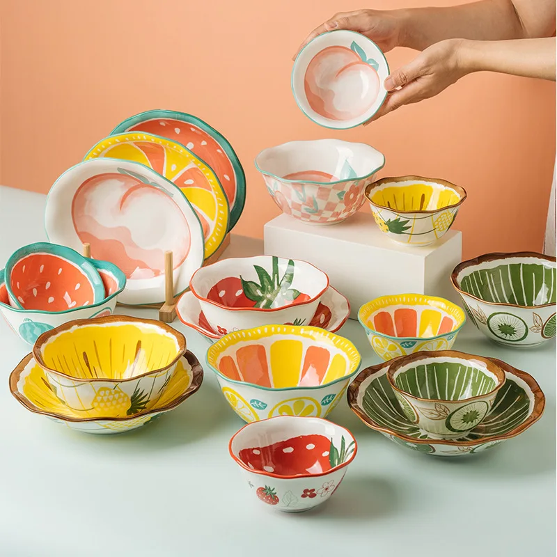 Ins Fruit Ceramic Bowl Household Bowls and Dishes Irregular Salad Bowl Fruit Rice Serving Bowls Creative Baking Bowl Tableware