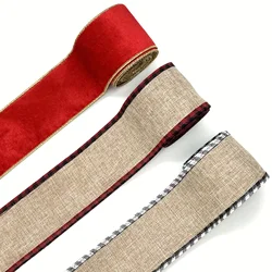 1pc 5 Yards nastro cablato a scacchi di bufalo scozzese di tela da imballaggio di natale, nastro regalo di natale rosso bianco nero per decorazioni natalizie per la casa