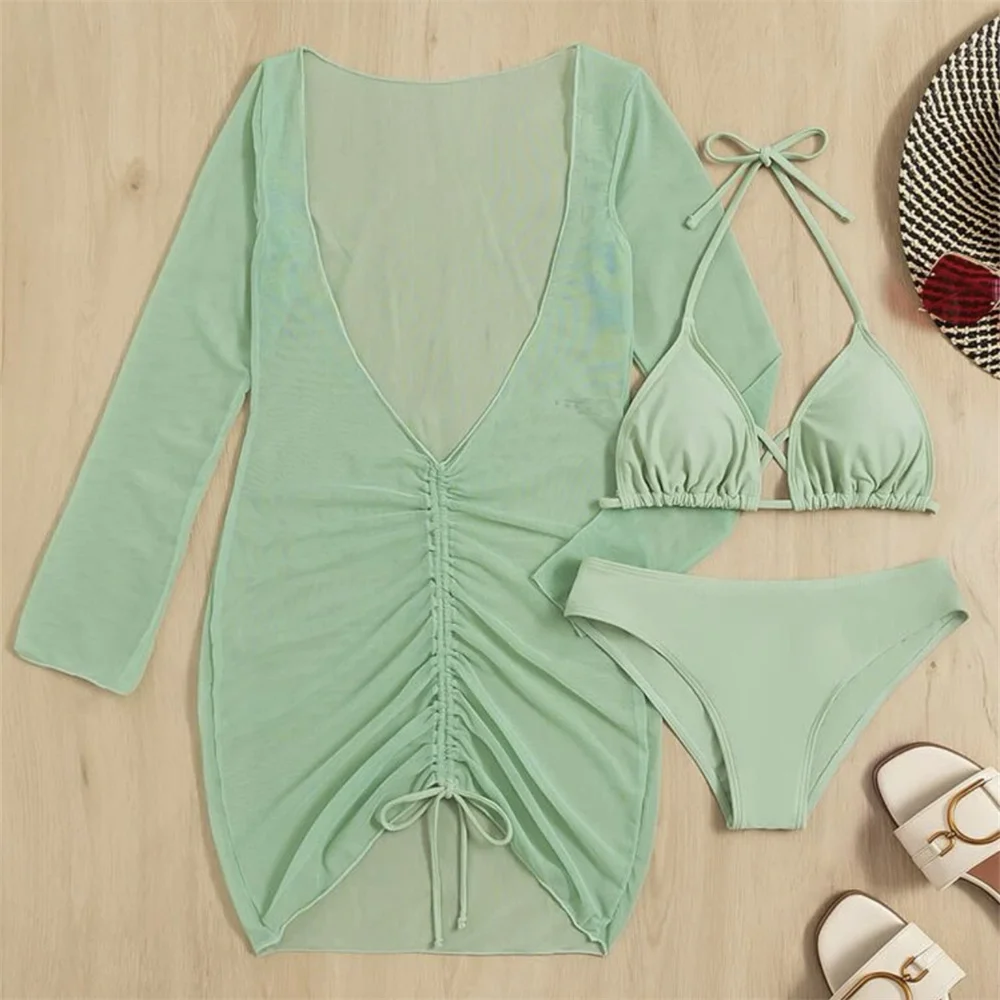Neon Green Bikini Micro String Swimsuit Sheer Mesh Cover Up Long Sleeve Brazil Beach Outfit Women Vacation Swimwear Bathing Suit