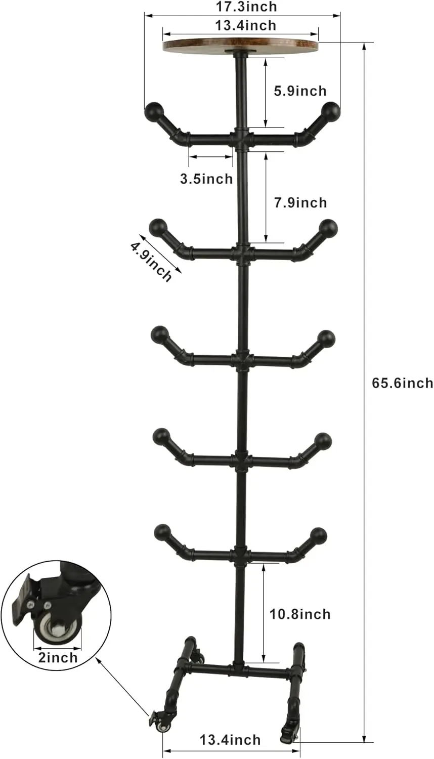 Uyoous-Hat Rack com Rodas, Industrial Display Stand, Rústico Metal Pipe Hat Rack, Independente, 5 Camadas