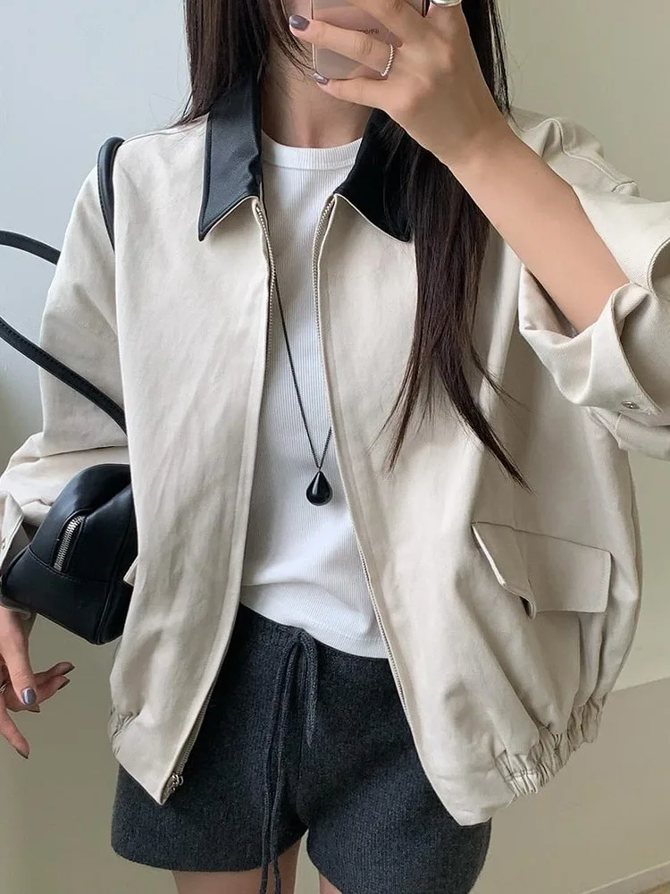 루즈핏 한국 스타일 여성 자켓 아우터웨어 가을 패션 브리티 레트로 롱 슬리브 가죽 패치워크 탑 고퀄리티