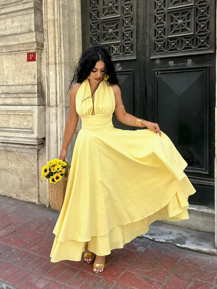 

Women Yellow Halter Ruched Waist Midi Dress Elegant Double Layer Ruffle Swing Deep V Dress 2026 Ladies Wedding Guest Outfit New