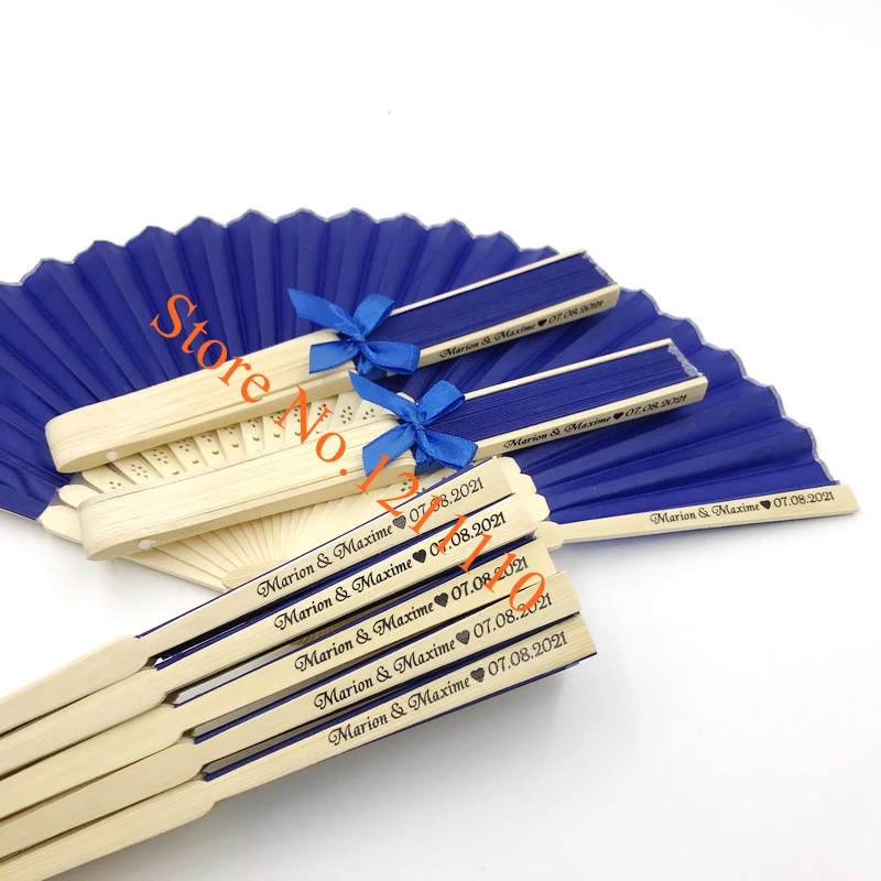 Imagem -02 - Folding Bambu Hand Fan Favores de Casamento Personalizados Tecido Colorido Impressão Personalizada Nome e Data do Casal 80 Pcs 90 Pcs Novo