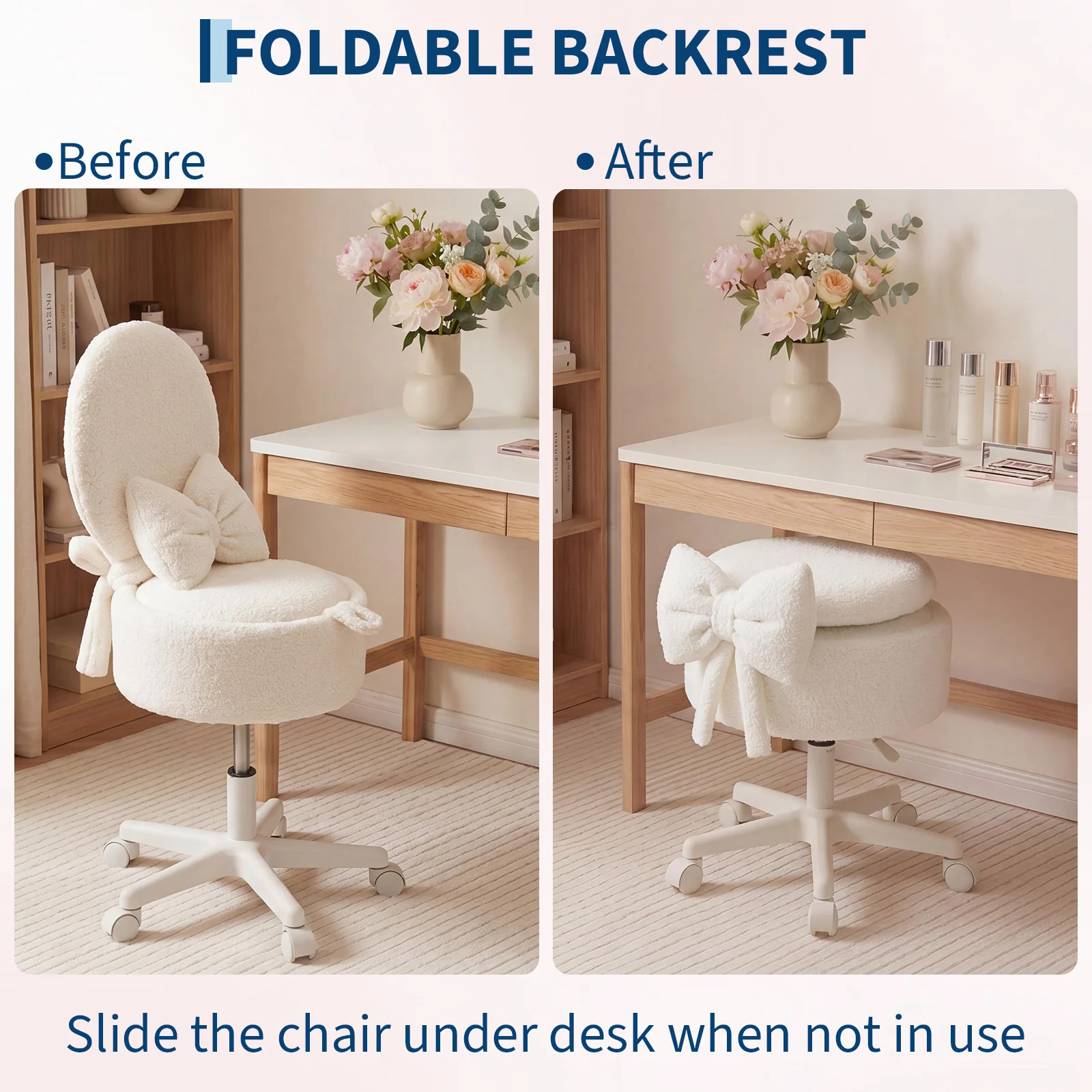 Image of Schminkstuhl mit Stauraum, klappbarer kleiner Make-up-Stuhl, wandelbarer Hocker mit Rollen und 9L verstecktem Stauraum, Bouclé-Schminktischhocker, höhenverstellbar für Schlafzimmer und Wohnzimmer