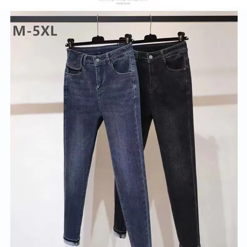 النساء جينز رصاص ربيع الخريف سليم صالح 4XL 5XL امتدت حجم كبير الإناث عالية الخصر صالح الكاحل طول السراويل الفتيات السراويل