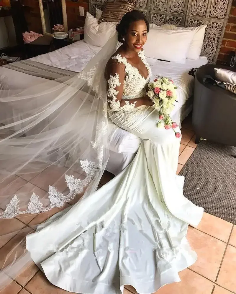 Customized Stunning White Trumpet Wedding Dresses With Sleeves Lace Mermaid Wedding Dress Robe Mariee Wedding Gown