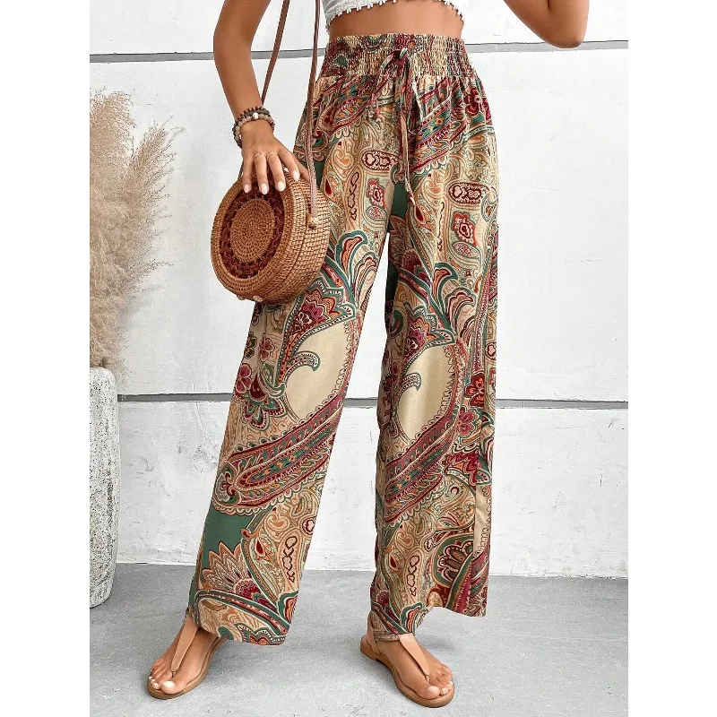 

1pcs Womens Print Wide Leg Pants Elastic Waist Casual Long Trousers Versatile Home Lounge Pants