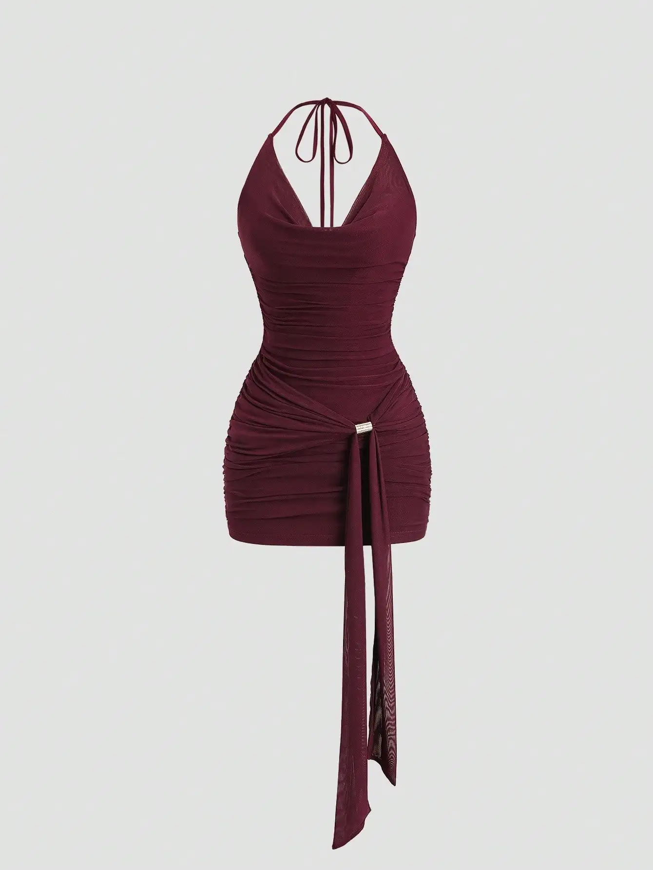 

Burgundy Halter Neck Ruched Mini Dress with Metal Buckle Tie