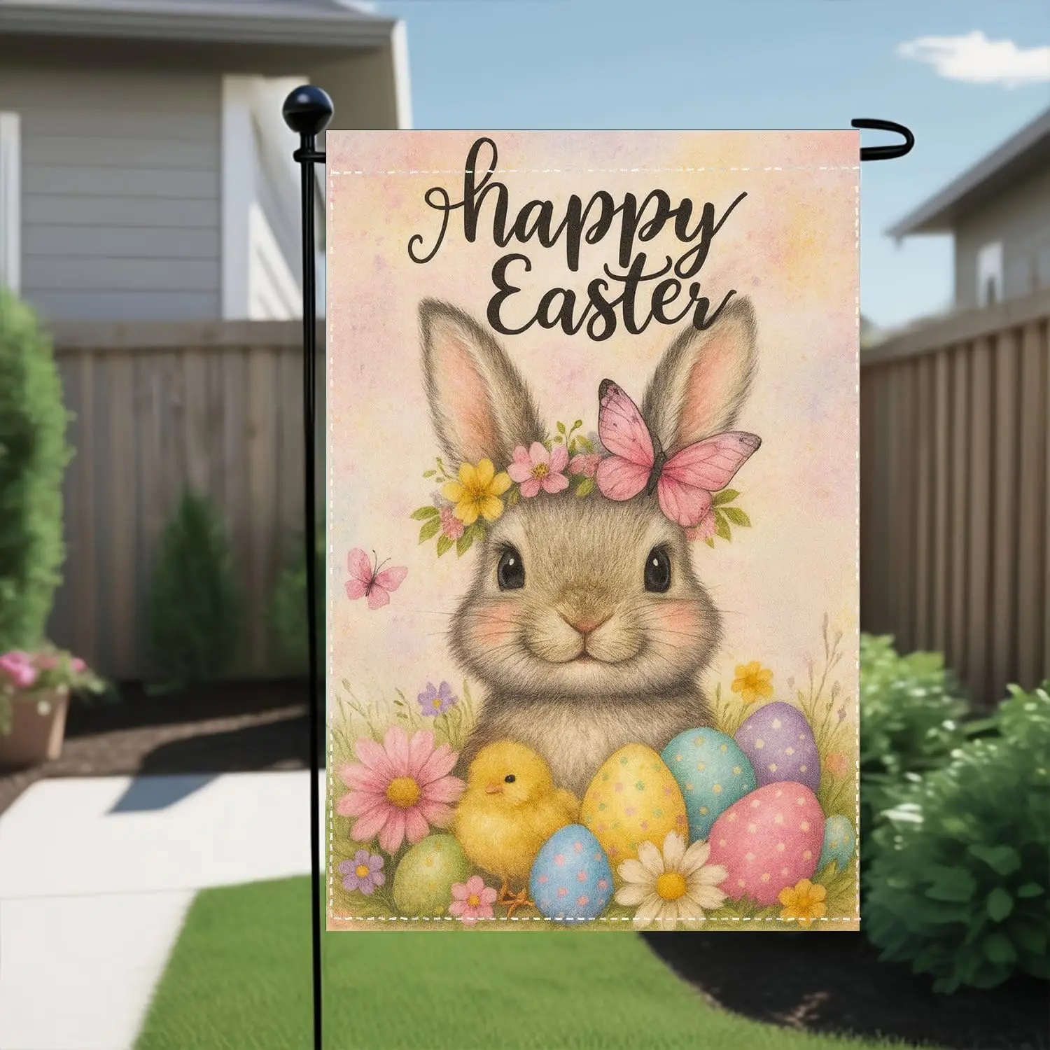 Happy Easter Garden Flag 12x18 Double Sided - Watercolor Bunny with Floral Crown Yard Flags Outside, Cute Spring Eggs Welcom AAS