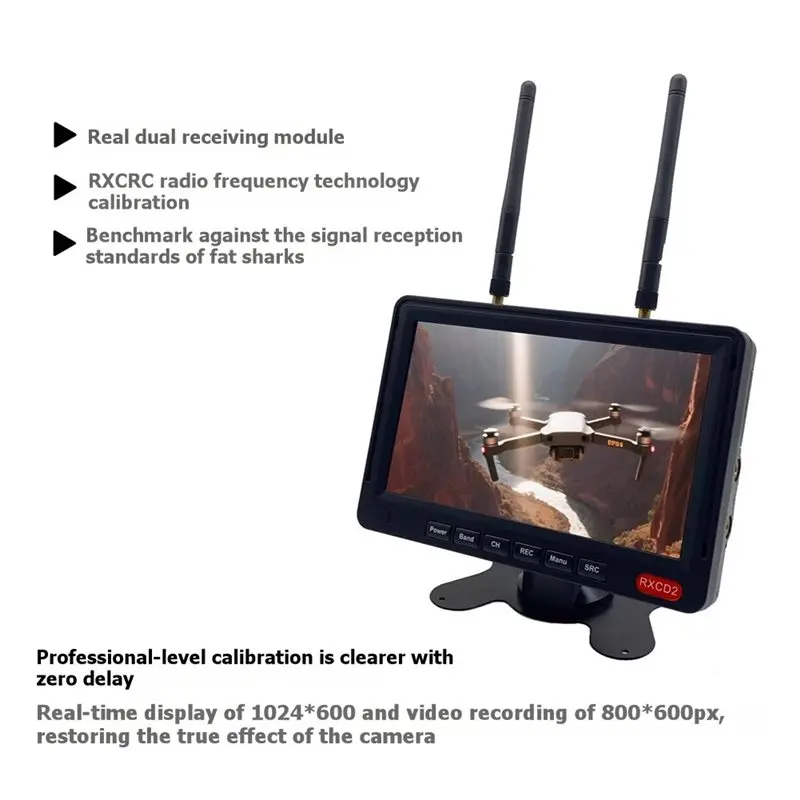 B92B RXCD2 5.8G 56CH FPV Monitor Dual Receiver 7 Inch LCD 1024x600 Diversity Screen with DVR for FPV Drone Racing