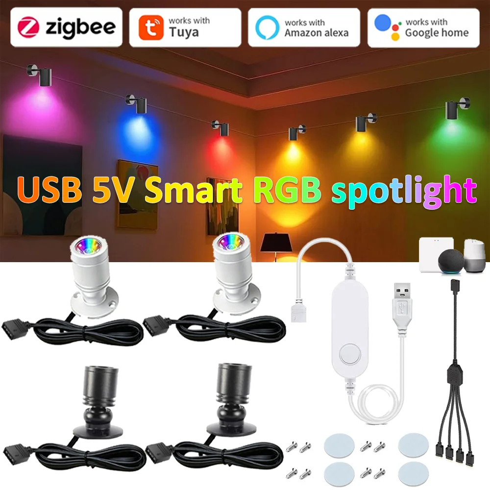 Tuya Zigbee USB 5V Colorful Led Spotlight Mini Ceiling Spot Dimmable Ceiling Lamp Showcase Pattern Showcase Light Room Decor