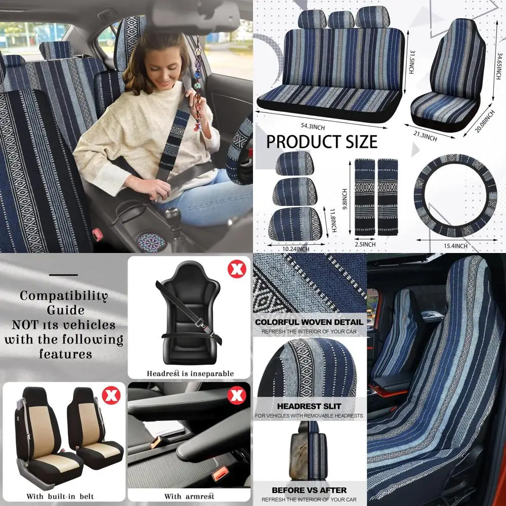 

Boho Multicolor Stripe Car Seat Covers Universal Fit, Steering Wheel Cover, Seat Belt Pads, Crystal Ornament (Retro Style)