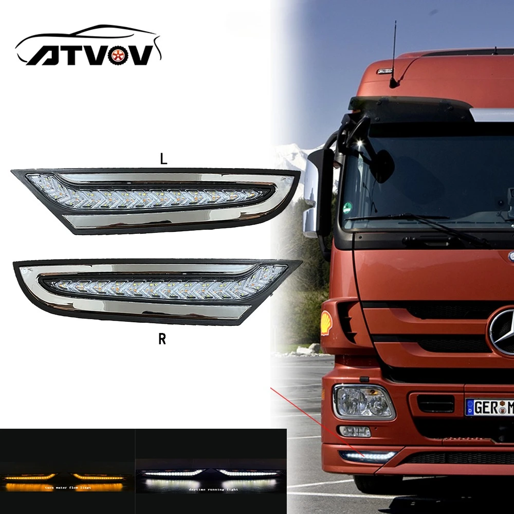 ATVOV 2Pcs 24V LED DRL Daytime Running Light For Mercedes Actros MP3 Truck Dynamic Sequential Turn Signal Bumper Fog Lamp