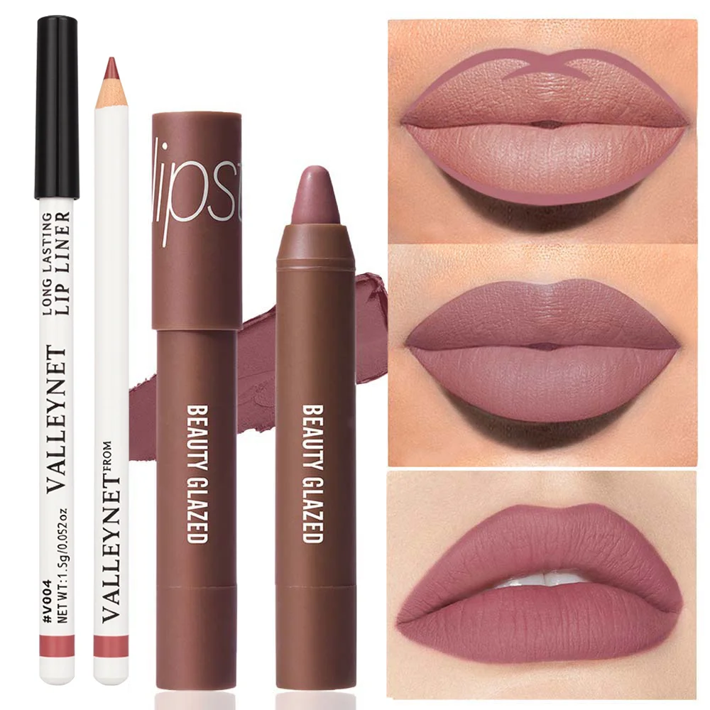 Juego de 2 unidades de delineador de labios mate y lápiz labial de terciopelo: duradero, resistente al agua, adecuado para un juego combinado de labios de maquillaje diario.