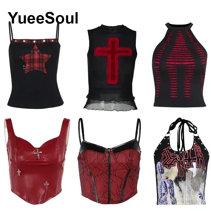 Gothic Lace Mesh Crop Tops Black Sexy Spaghetti Strap Corset Tops Goth Punk Grunge Fairy Core Halloween Y2K Aesthetic Clothes