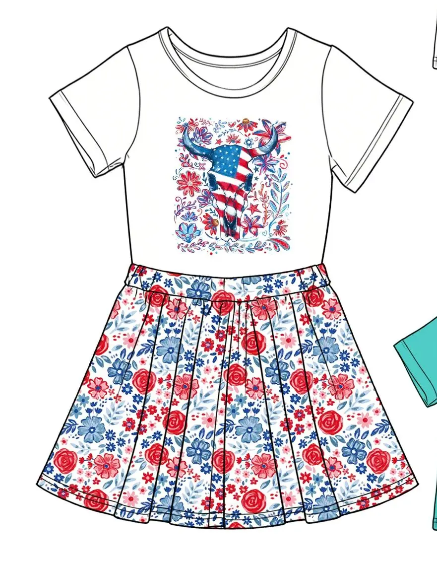 Toddler Girl Western Cowgirl Set Graphic Tee Pleated Skirt Patriotic USA Hunting Casual 4th of July Outfit