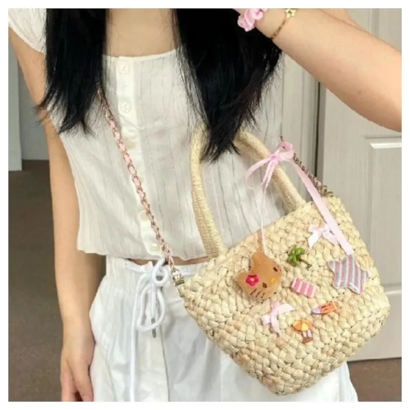 JIAERDI Harajuku Straw Bucket Bag Women Holiday Handle Chain Chic Casual Crossbody Bags Female Vintage Weaving Beach Bag Y2k