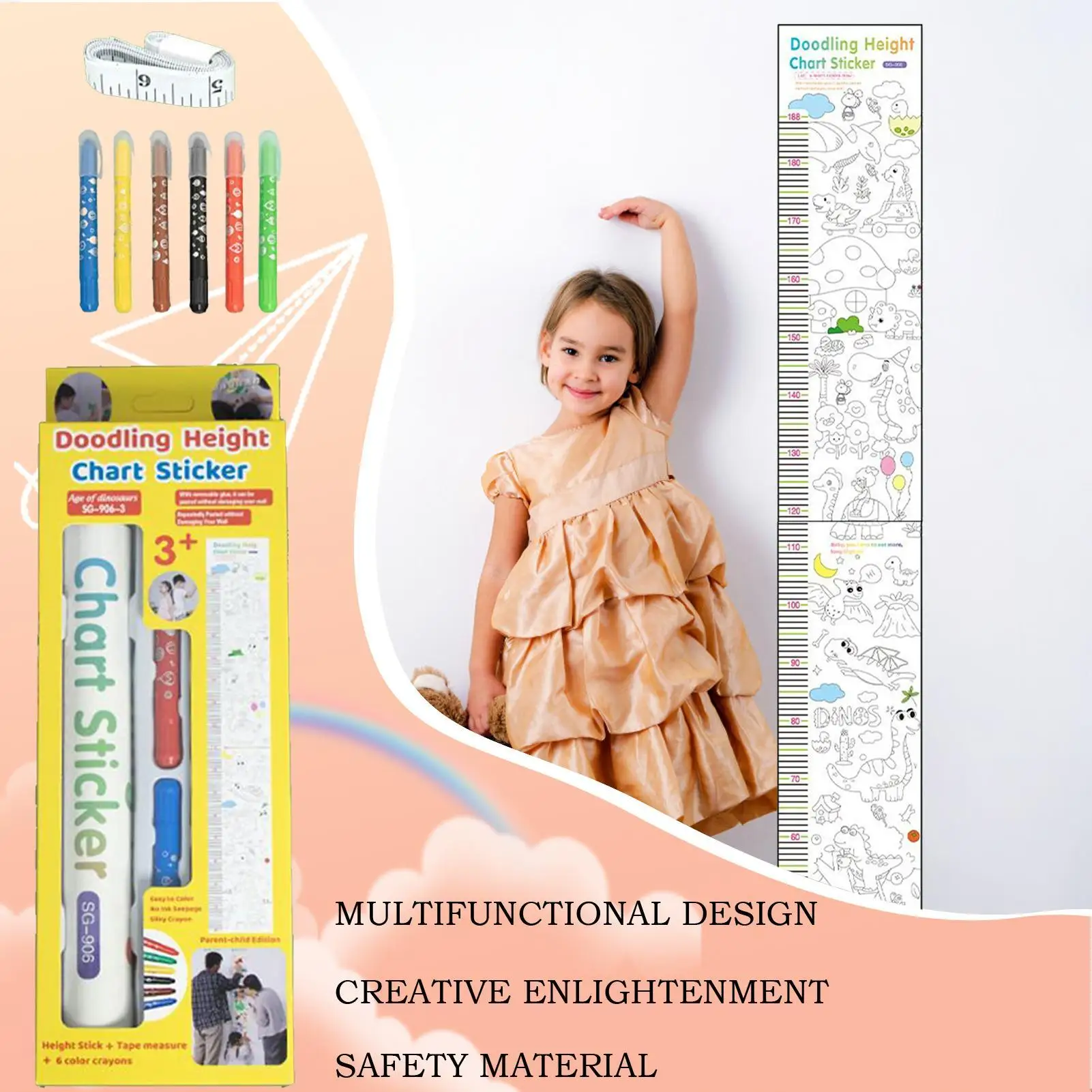 Height Chart For Kids Doodling Height Measuring Sticker Decorative Growth Measurement Tool Wipeable For Nursery Bedroom