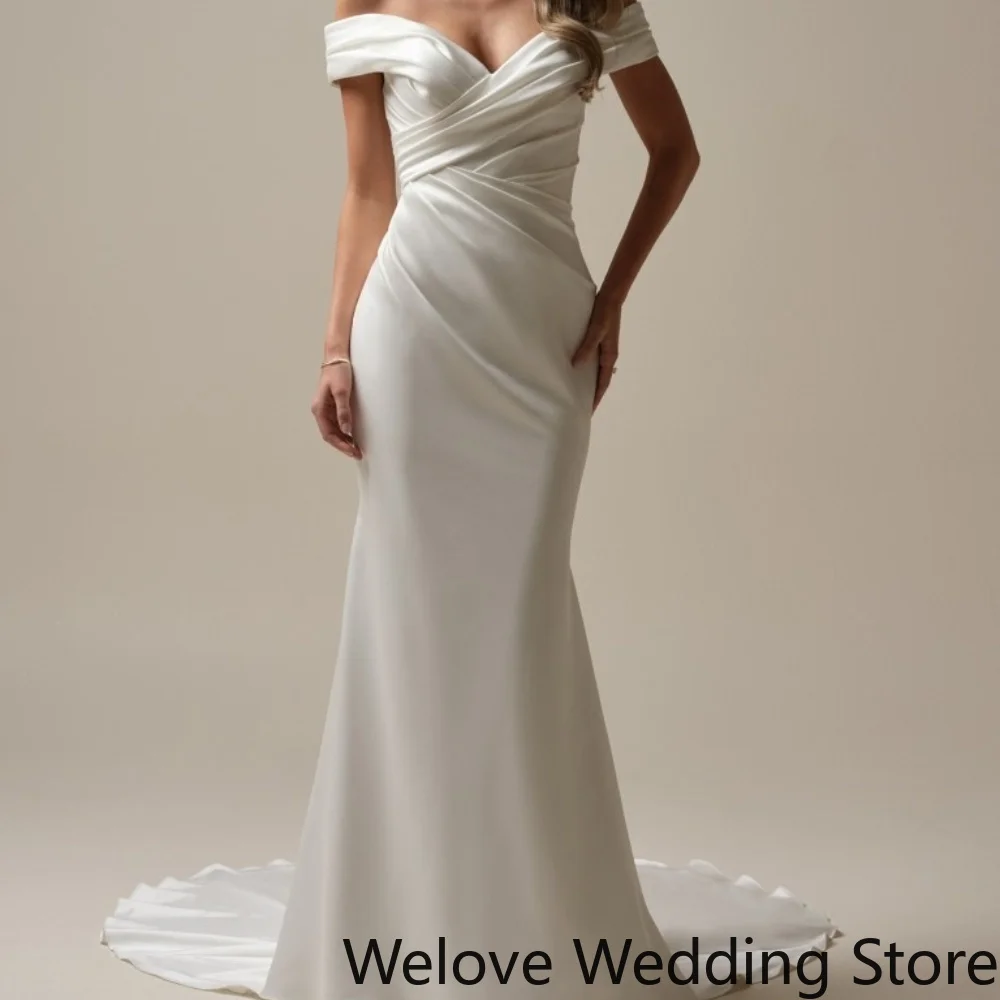 Customized Luxury Ivory Satin Mermaid Wedding Gown Featuring Classic Off-The-Shoulder Neckline With Short Fold Cuff Sleeves