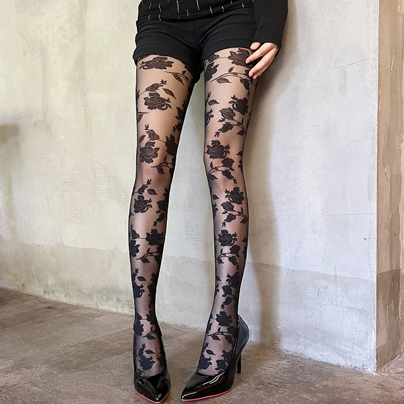 

2026 Spring Rose Floral Sheer Tights Women Nylon Thin Retro Pantyhose Women Sexy Charming Long Stockings Y2K Style