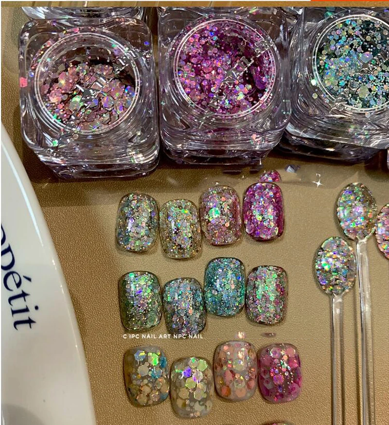 1 Jar Holographic Cat Eye Shiny Nail Glitter Sequins Laser Shining Fish Scales Nail Art Irregular Graphics Manicure Accessories*