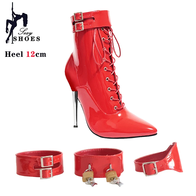 Voesnees Neue High Heel 12 cm Stileto Sexy Stiefeletten Spitz Zwei Abschließbare Vorhängeschlösser Frauen Schuhe T Zeigen Dünne High Heels plus Größe 3