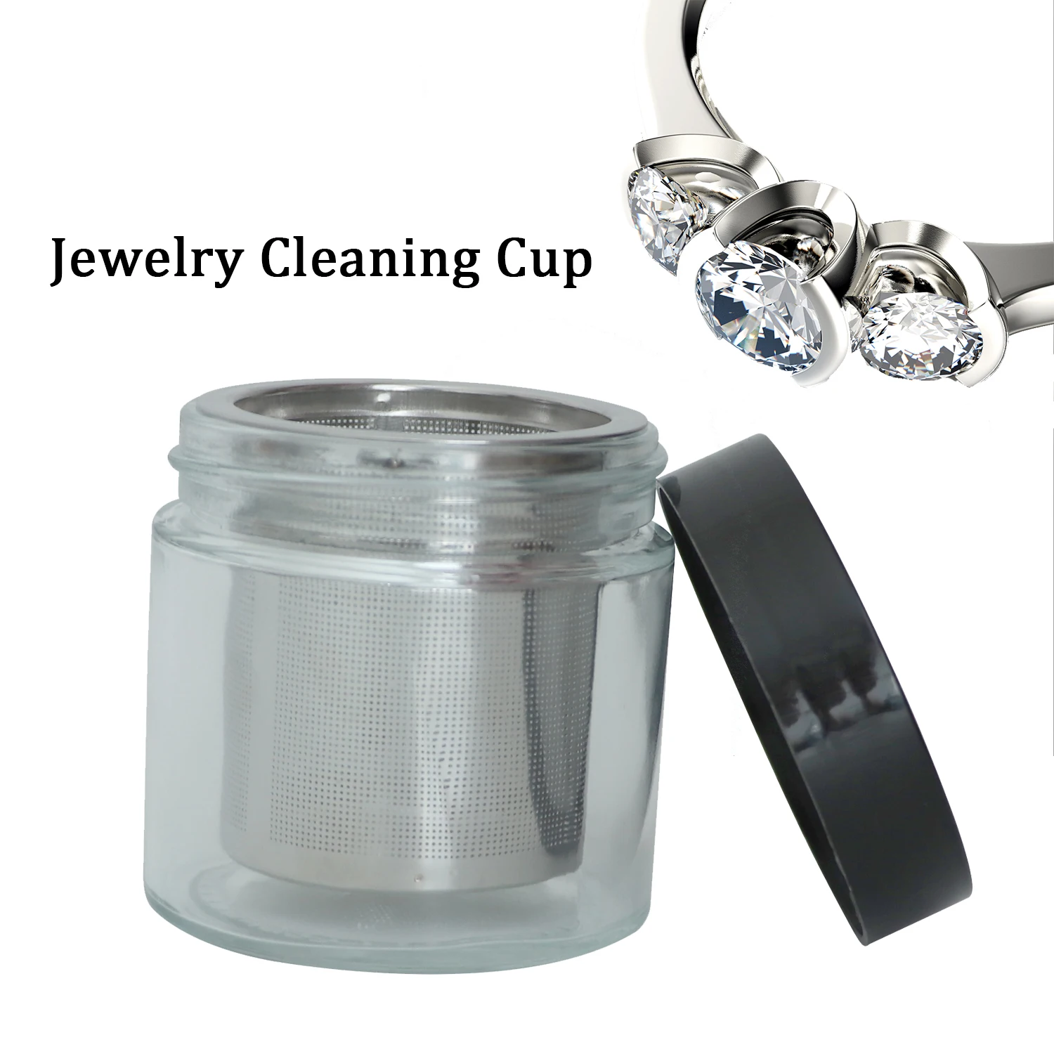 Diamond Washing Cup Gemstone Cleaning Glass Jar Bottle with Metal Sieve Cleaner