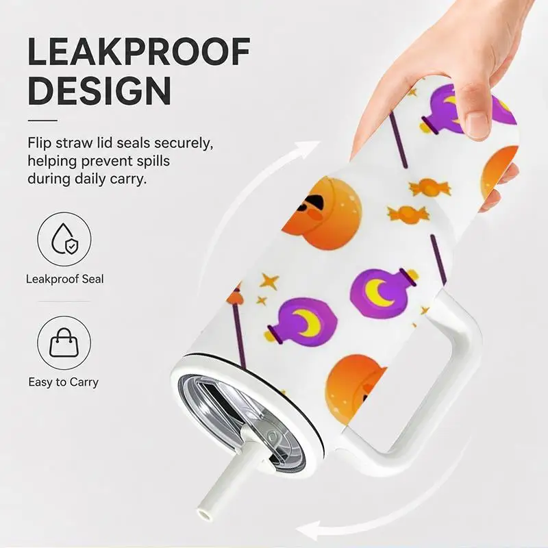 1pc 40Oz 304 Stainless Steel Handheld Cup Cute for Halloween Pumpkin Witch Hat Broom Candy Pattern Insulated Tumbler with Handle And Straw for Home Office Travel Outdoor Suitable Gifts for Halloween Christmas And Other Special Festivals
