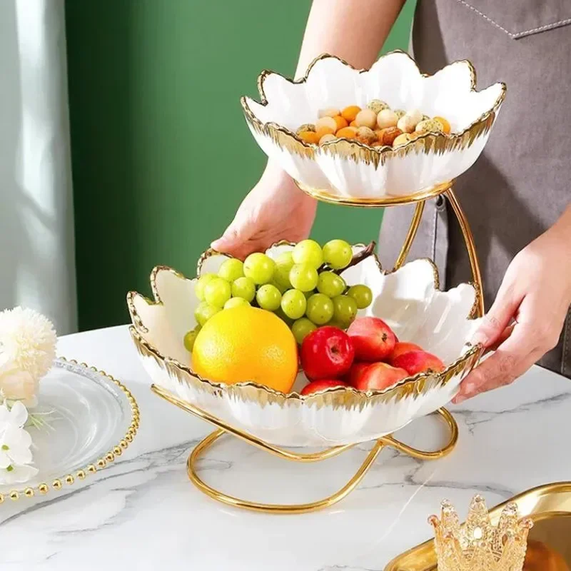 2 Tiers Ceramic Plate Fruit Bowls Decorative Party Desserts Holder Nuts Candy Displat Stand Serving Tray for Home Party