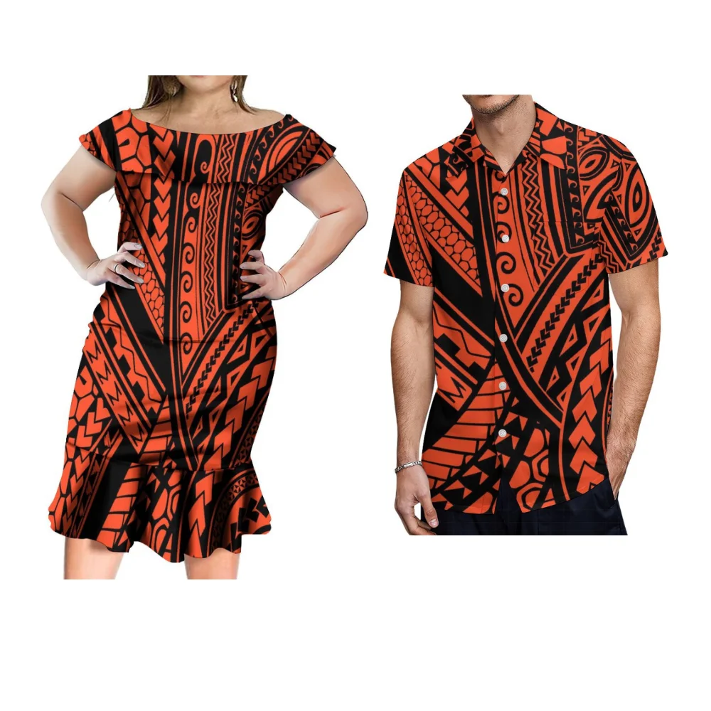 Women's Regular Short-Sleeved One-Line Collar Slim-Fit Dress Polynesian National Print Custom Designed Men's Shirt Couple