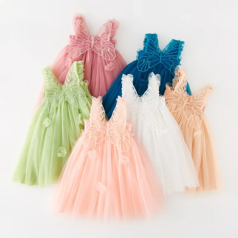 2025 New Summer Kids Clothes for Children Girls Princess Party Birthday Dress Back Bow Wings Fairy Strap Butterfly Mesh Dress