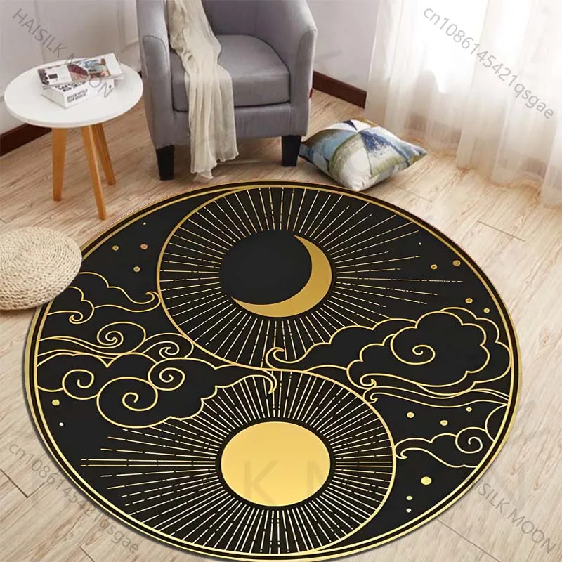 Elegant Sun and Moon with Golden Clouds Printed round carpet living room sofa table carpet large pet mat soft round carpet