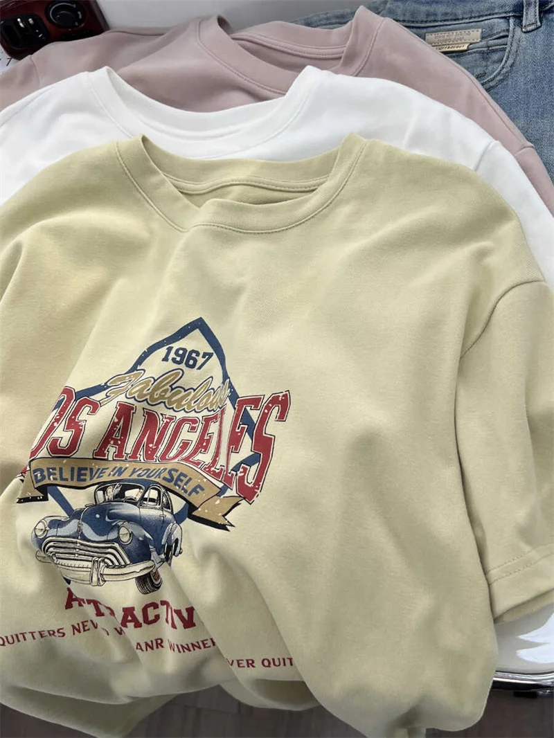 

Retro American Print Short Sleeve T-Shirt Women's Spring Summer Loose round Neck Slimming Design Base Shirt plus Size Cotton