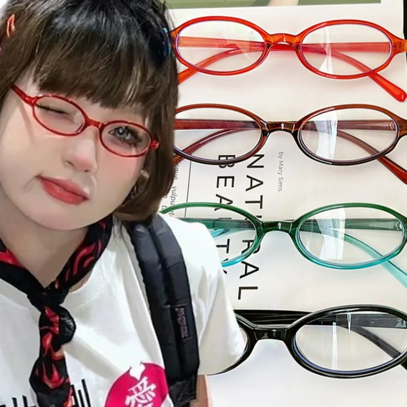 1/2pcs Retro Oval Glasses Women Girls Fashion Y2K Style Red Green Frame Glass Eyewear Decorative Computer Anti-blue Eyeglasses