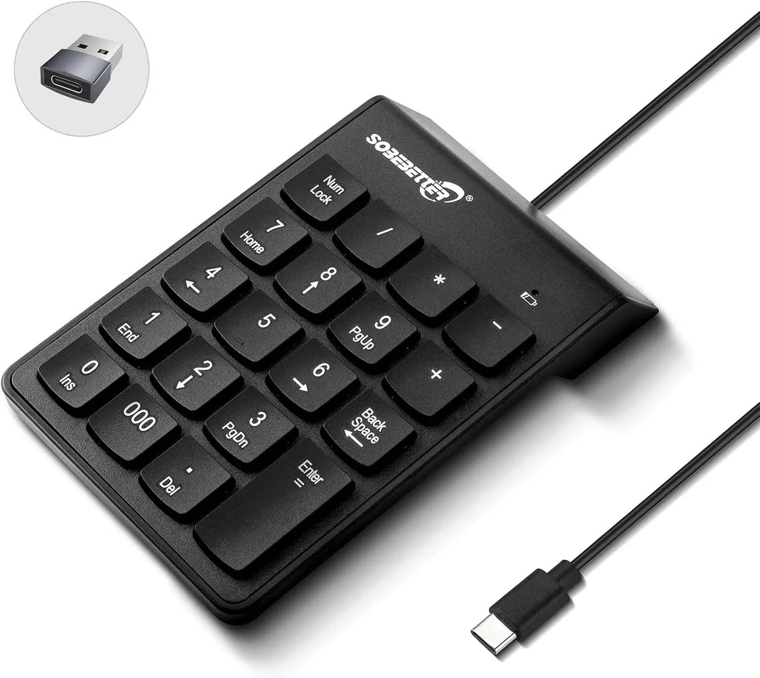 Teclado numérico tipo C, mini teclado numérico portátil de 19 teclas para computadora portátil, PC y tableta (negro)