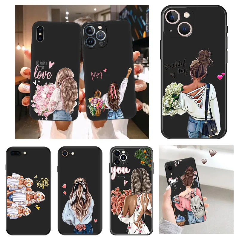 Anti-Drop Soft Phone Case For iphone 16Plus 11 12 13 Mini 14 15 16 Pro XS Max XR 7 8 Plus Chrysanthemum Rose Flower Girl Cover