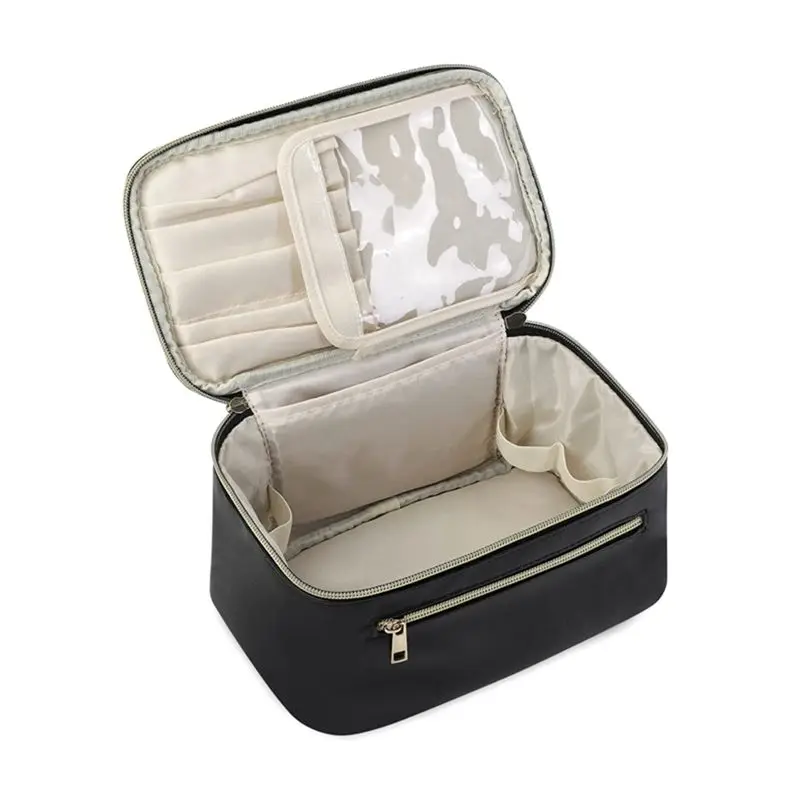 AEE2-Bolsa de maquillaje, organizador de maquillaje de viaje, estuche para brochas cosméticas para mujer en cuero Eco vegano
