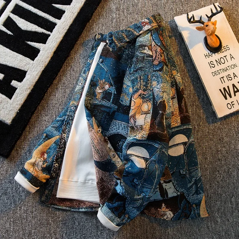 

Men's Long-sleeved Shirt Vintage Retro Oil Painting Buttons Shirts Casual Jacket Turndown Collar Single-breasted Loose Tops