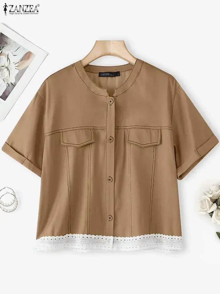 2025 ZANZEA Camicie da donna estive Moda manica corta in pizzo Patchwork Camicetta Bottoni eleganti Tunica allentata casual Top Blusa vintage