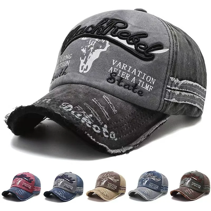 2026 Unisex Washed Cotton Vintage Cap Letter Embroidery Baseball Cap Cow Head Pattern Men And Women Outdoor Sports Hats